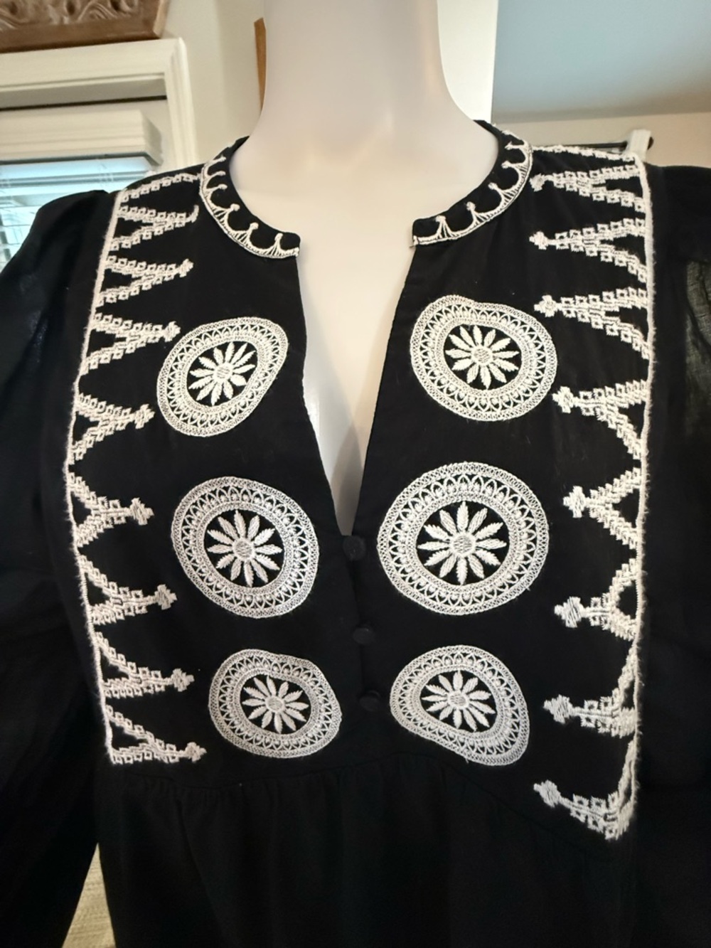 Black Boho Embroidered Maxi top with White Medallions
